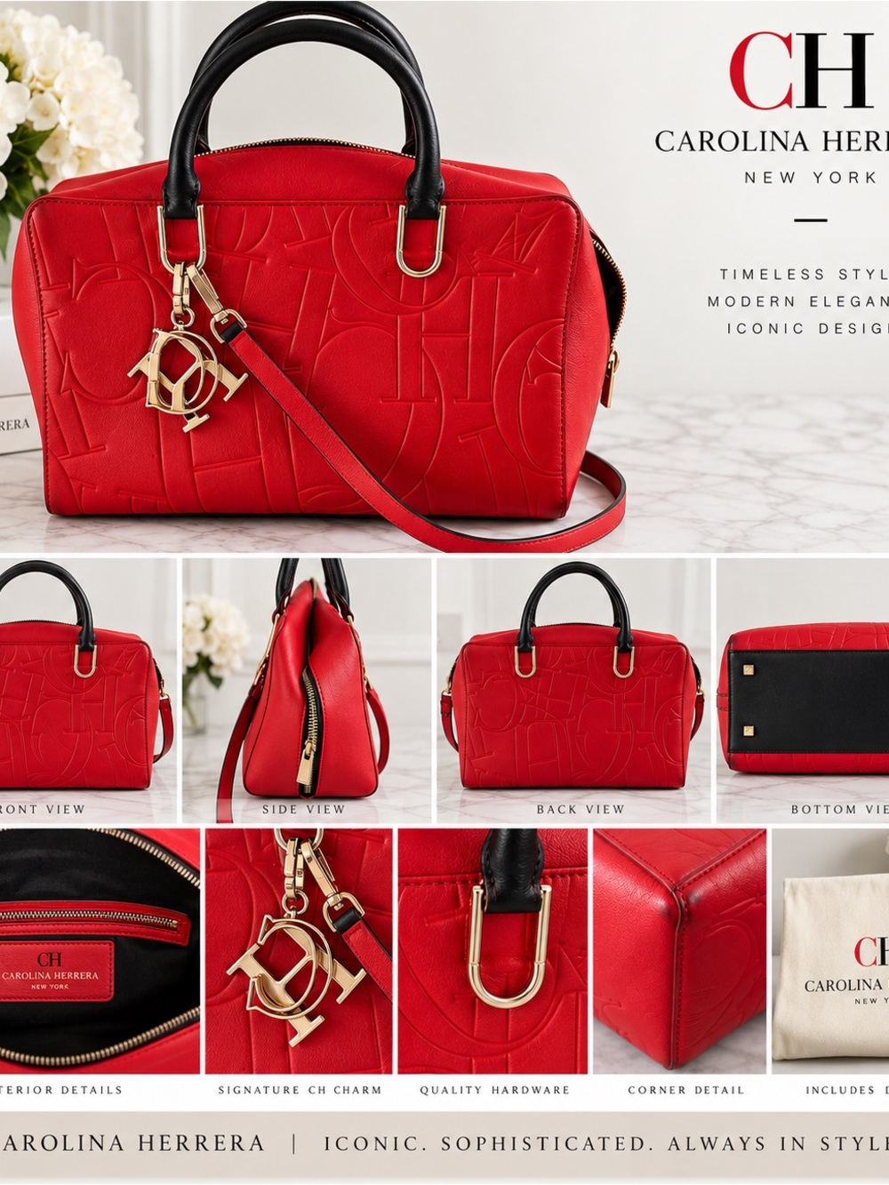 Carolina Herrera Red Embossed Satchel with Black Handles